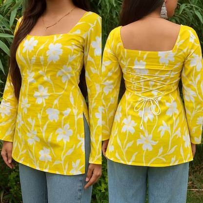 Casual Regular Sleeves Floral Print Women Yellow Top